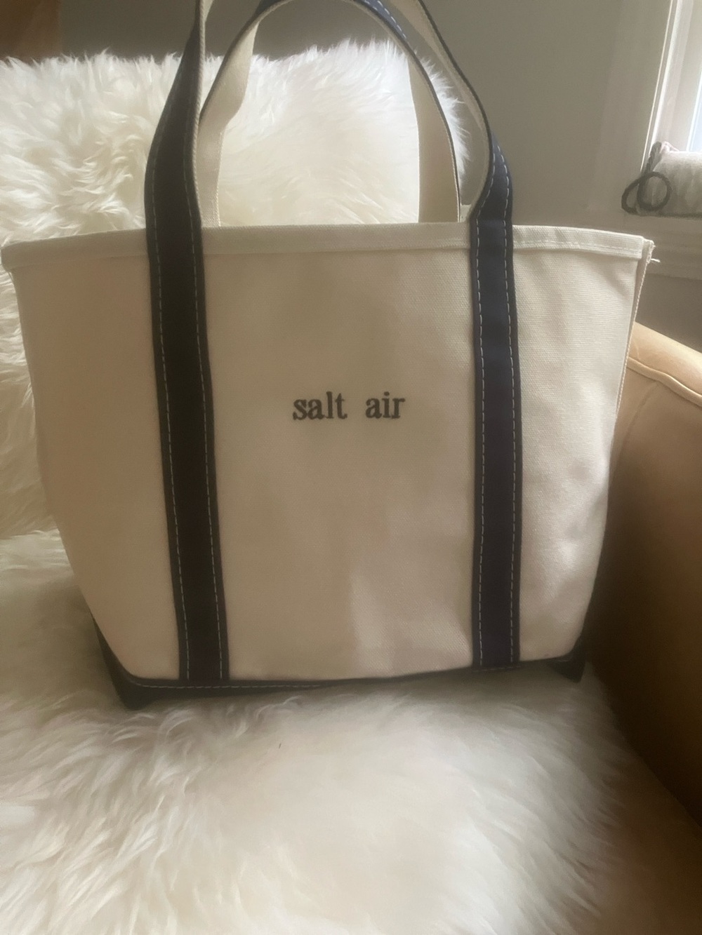 L.L. Bean Canvas Tote in Natural with Navy Handles monogram “Salt Air” medium
